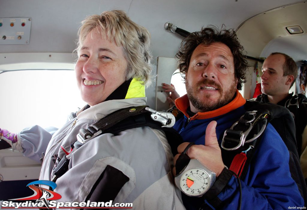Houston mayor Annise Parker with skydiving instructor Hank Prewitt